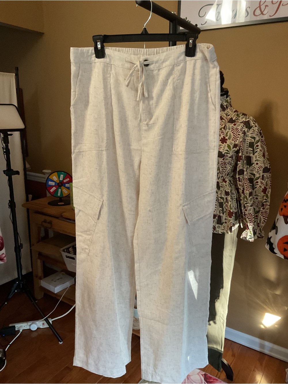 Very J Wide-Leg Linen-Blend Drawstring Pants in Beige